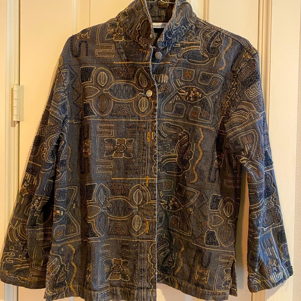 Chico jacket with stand up collar, sz 2, rich stitched pattern w/various beads.
